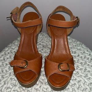 Madewell Open Toe Buckle Wood Block Heel Platform Tan Brown Leather Size 7.5